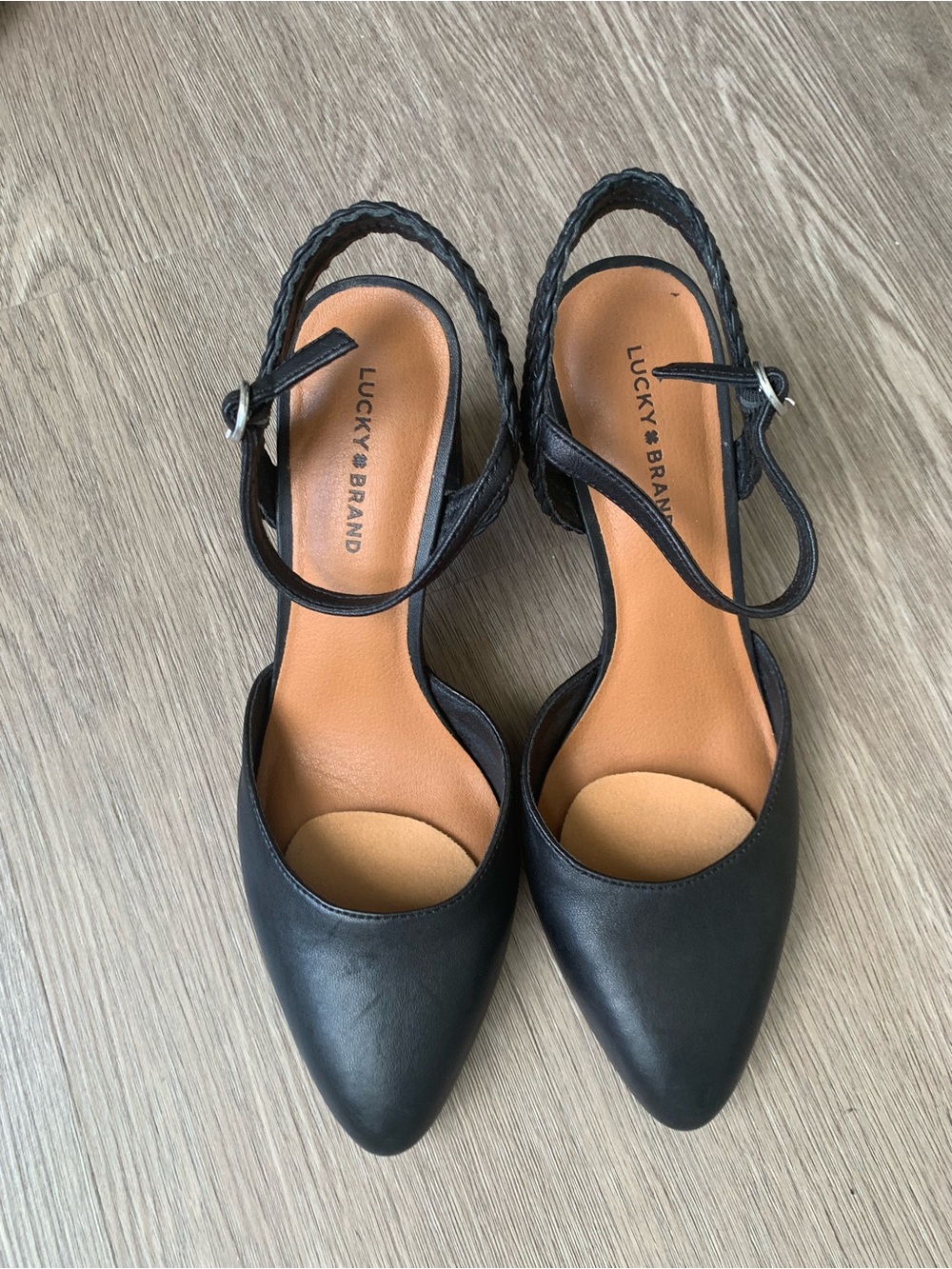 Lucky Brand Black Braided Strap Block Heels